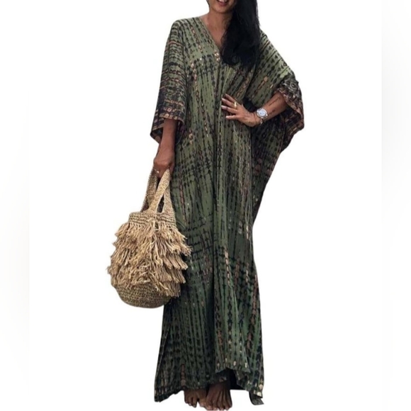 Olive Green Tie Dye Hippie Boho Kaftan Long Flowy 70s Maxi Dress Bohemian Caftan - Picture 1 of 9